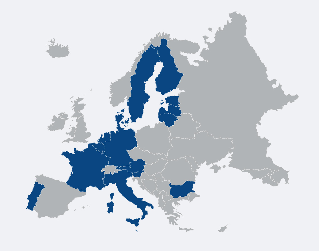 Derzeitige Staaten mit einheitlichem Patentschutz (17 von insgesamt 25 EU-Mitliedstaaten): Österreich, Belgin, Bulgarien, Dänemark, Estland, Finnland, Frankreich, Deutschland, Italien, Lettland, Litauen, Luxemburg, Malta, die niederlande, Portugal, Slowenien und Schweden.