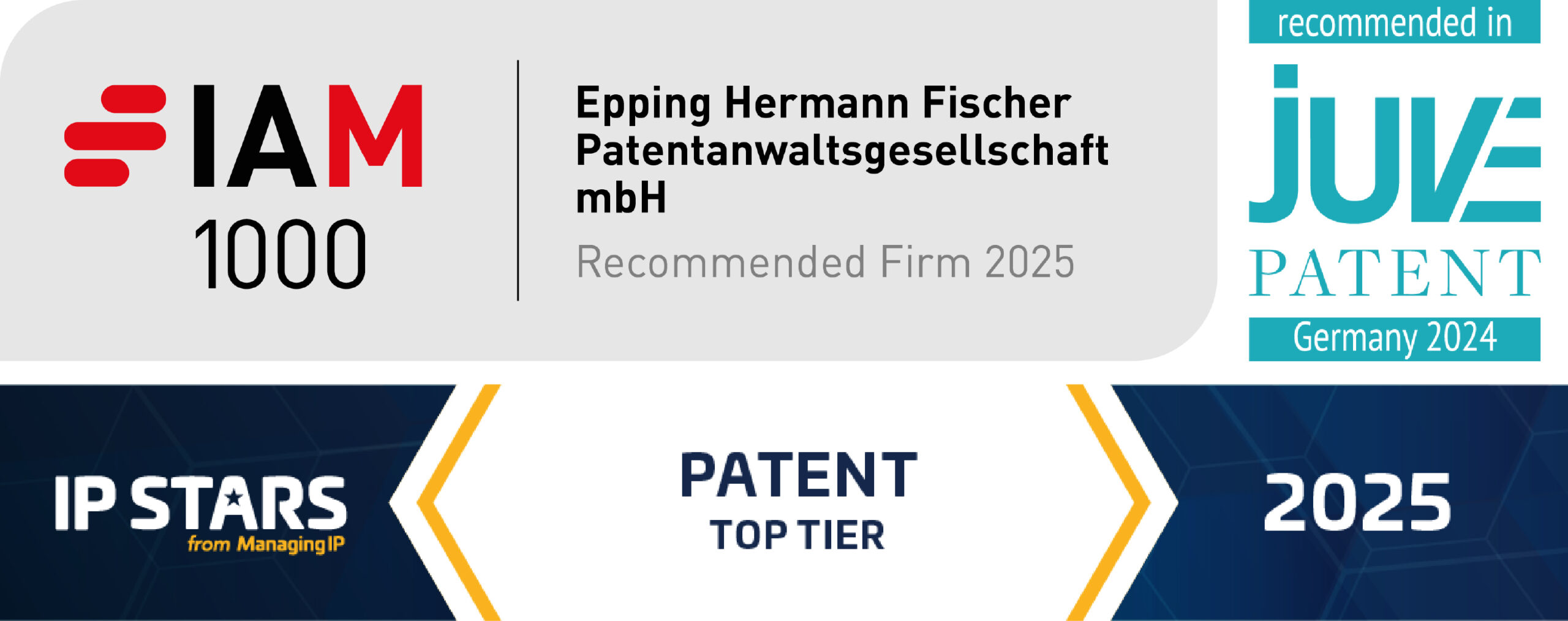 Ranking Logos von IAM 1000 (EHF wird als Patentanwaltskanzlei empfohlen). Ranking Logo IP Stars (EHF gehört zu den Top Tier Firms). JUVE Patent Logo (EHF wird auch hier als Kanzlei empfohlen)