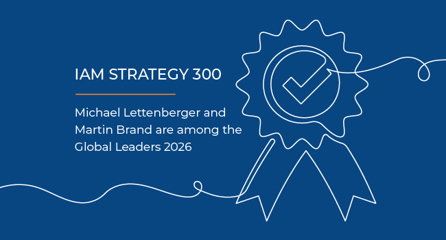 IAM Strategy 300 Ranking: Michael Lettenberger and Martin Brand are among Global Leaders 2026. Text on a blue background with a white line graphic representing an award badge.